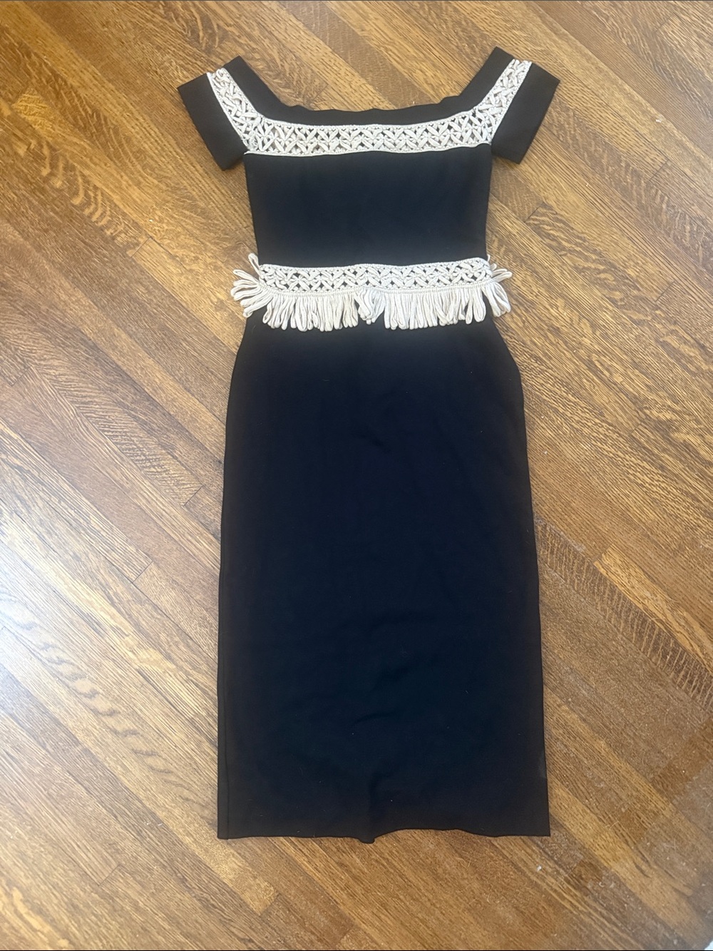 Alexis Black Off-Shoulder Midi Dress with White Crochet Fringe